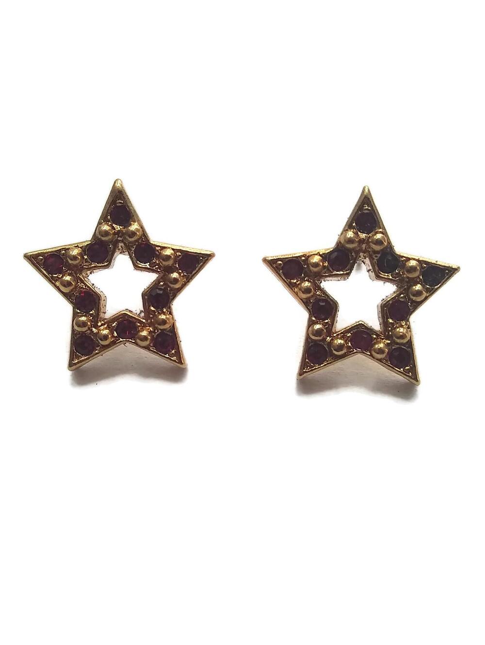 Vintage 1990s Avon Sparkle Star Gold Tone Ruby Red Rhinestones Stud Earrings.